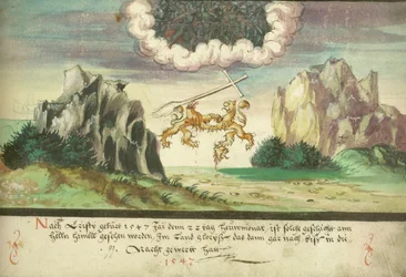 Augsburg Book of Miracles — Folio 157- Sky Battle, Lions over Glarus